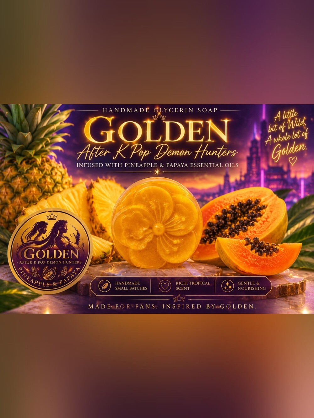 K Pop Demon Hunters Golden Handcraftes Soap with Matching Sticker